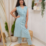 Teal Striped Sleeveless Kurti Set