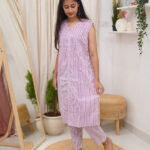 Lilac Striped Cotton Sleeveless Kurti Set