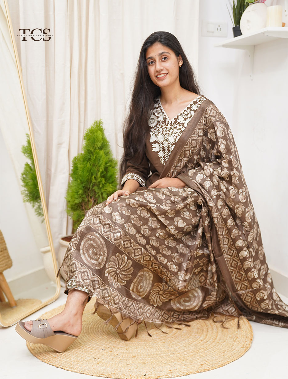 Chocolate Brown Embroidered Co-Ord Set with Dupatta (11)
