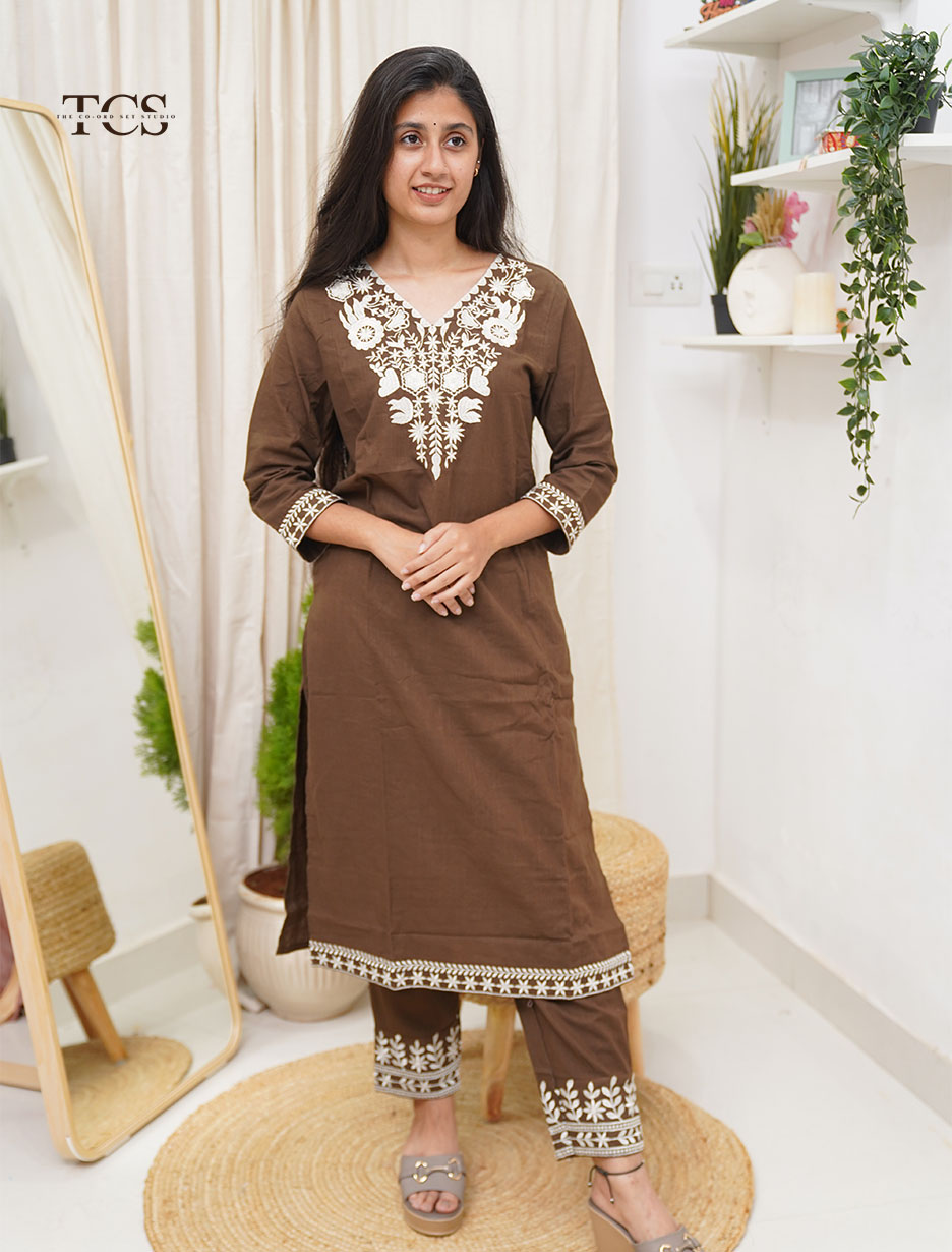 Chocolate Brown Embroidered Co-Ord Set with Dupatta (14)