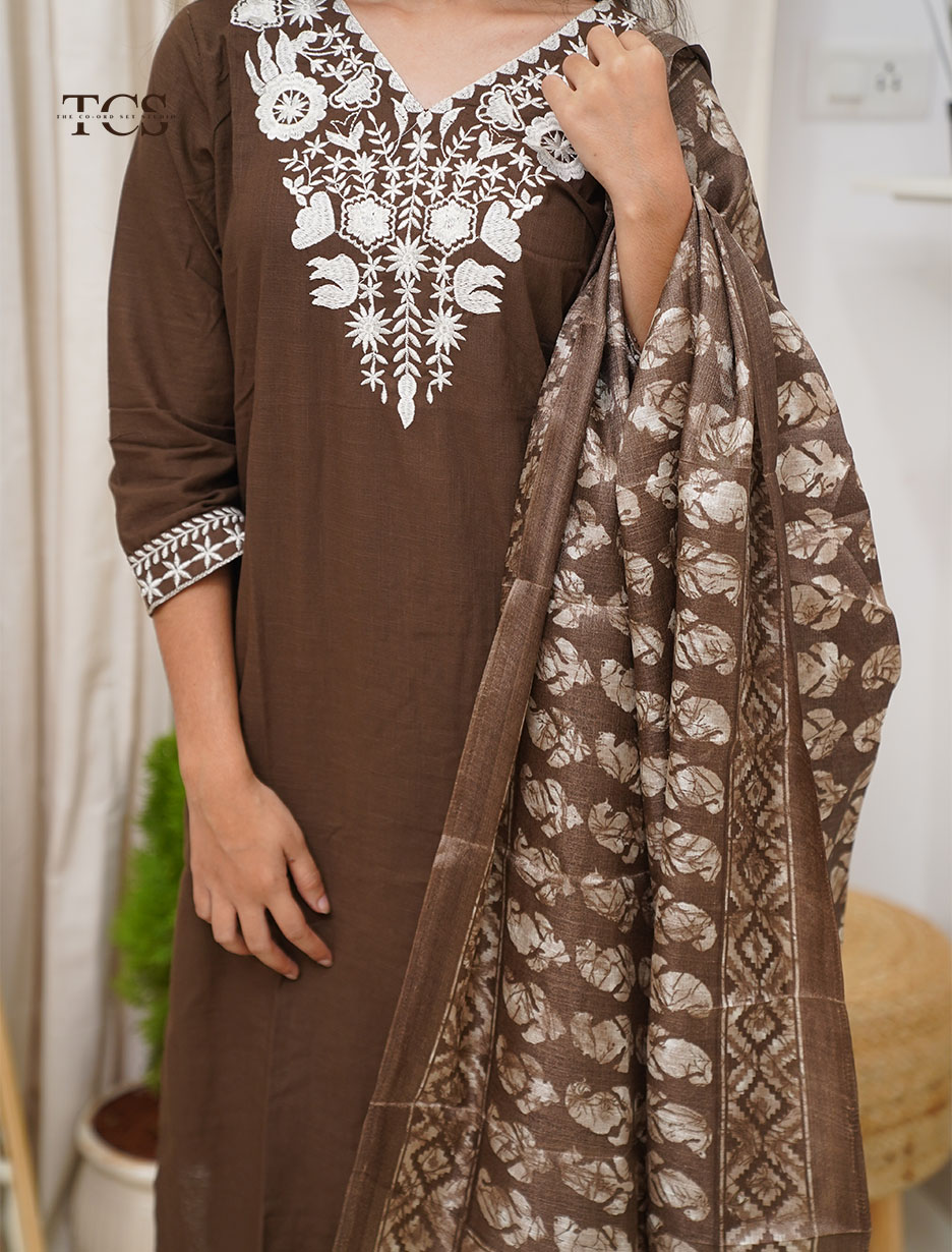 Chocolate Brown Embroidered Co-Ord Set with Dupatta (4)