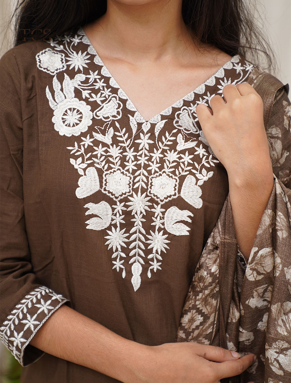 Chocolate Brown Embroidered Co-Ord Set with Dupatta (5)