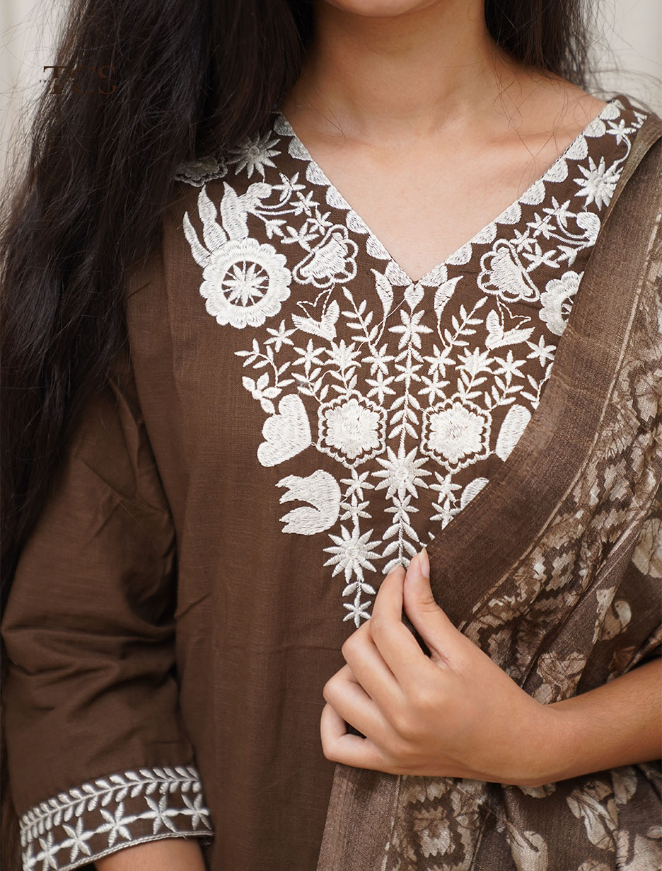 Chocolate Brown Embroidered Co-Ord Set with Dupatta (6)