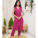 Magenta Blossom Sleeveless Kurti Set