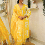 Women’s printed yellow cotton kurta & palazo 3 piece kurti set