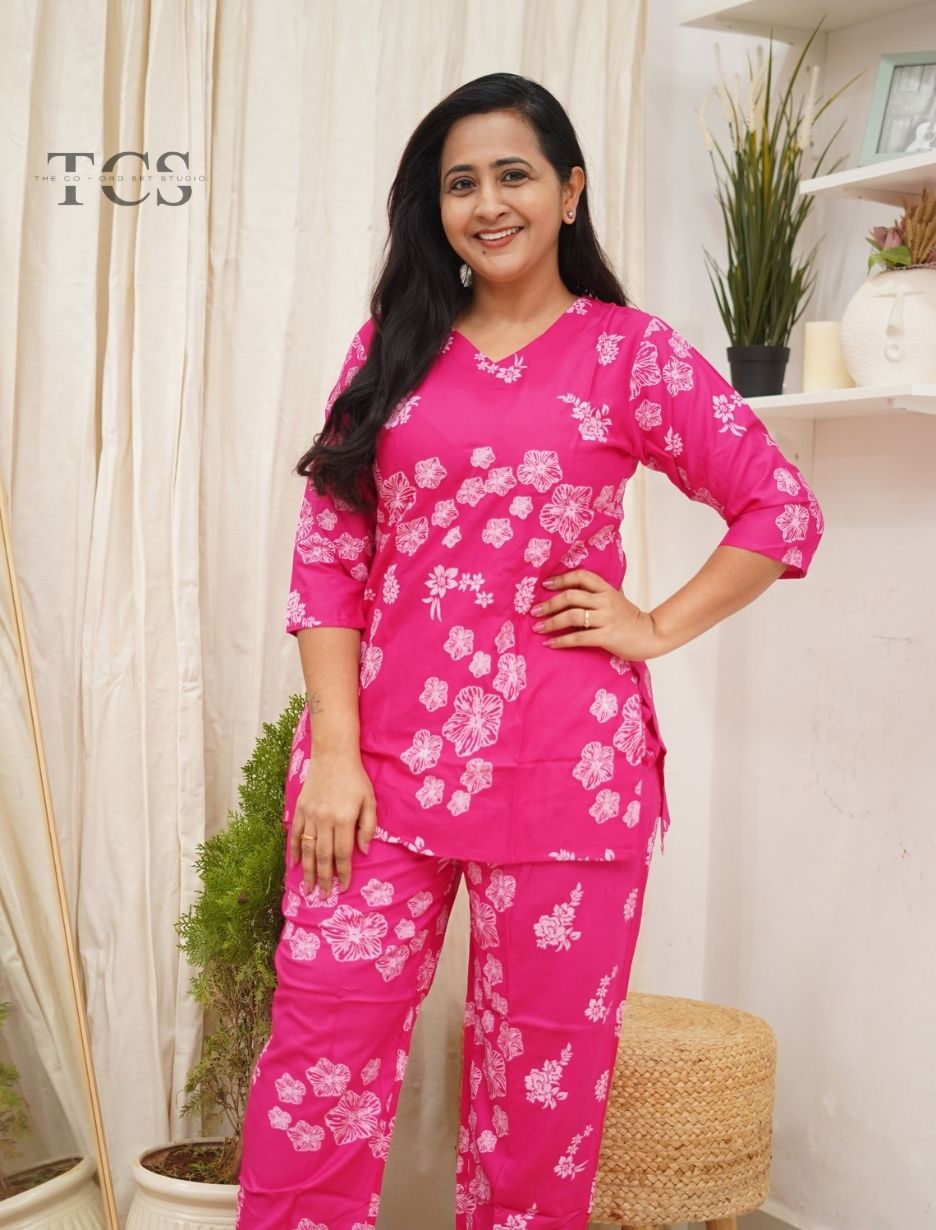 Pink Blossom Floral Cotton Slim Fit Co-Ord Set