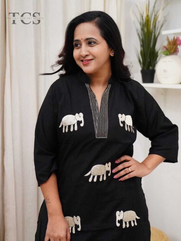 Black Safari Cotton Elephant Embroidered Set