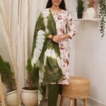 Olive Aura Floral Cotton Kurti Set with Shibori Dupatta