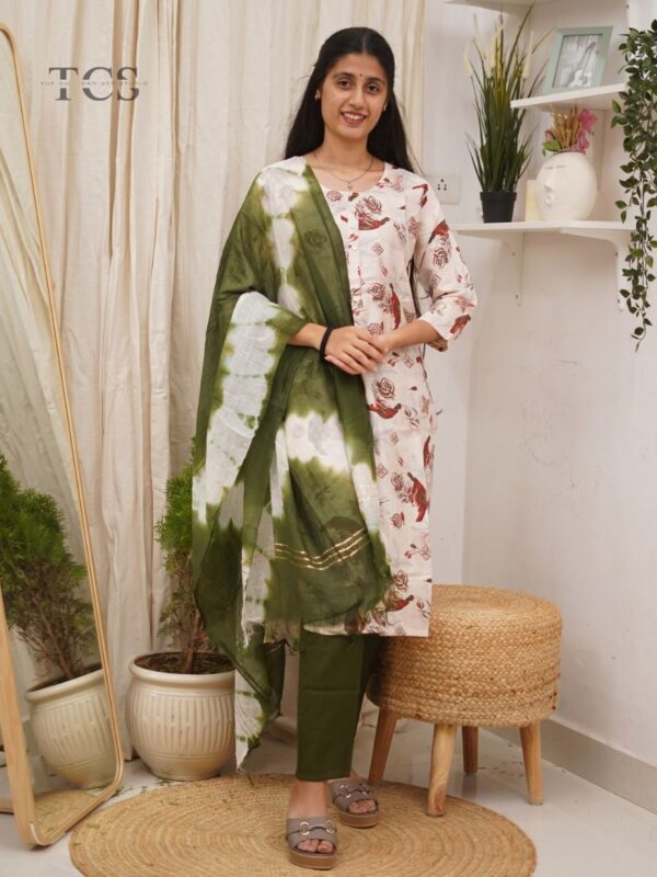 Olive Aura Floral Cotton Kurti Set with Shibori Dupatta