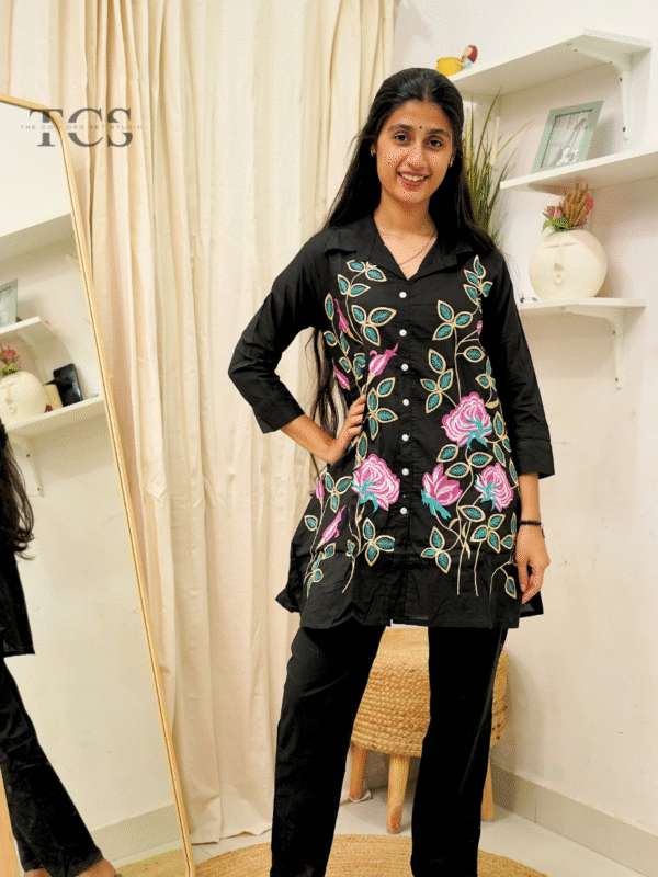 Floral Harmony Embroidered Co-ord Set – classic Black