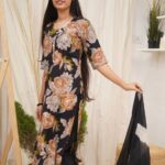 Midnight Bloom Floral Cotton Kurti Set With Shibori Dupatta