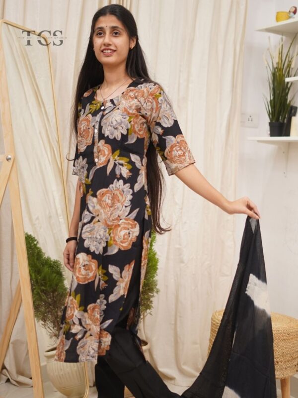 Midnight Bloom Floral Cotton Kurti Set With Shibori Dupatta