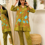 Floral Harmony Embroidered Co-ord Set – Olive Green