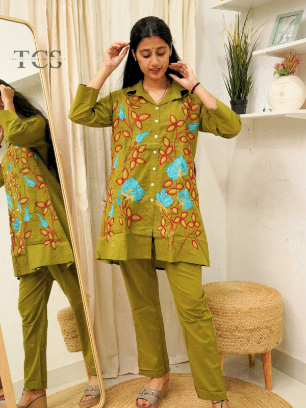 Floral Harmony Embroidered Co-ord Set – Olive Green