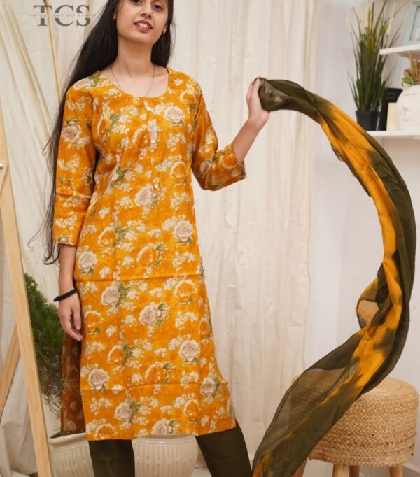 Mustard Bloom Cotton Kurti Set with shibori duppata