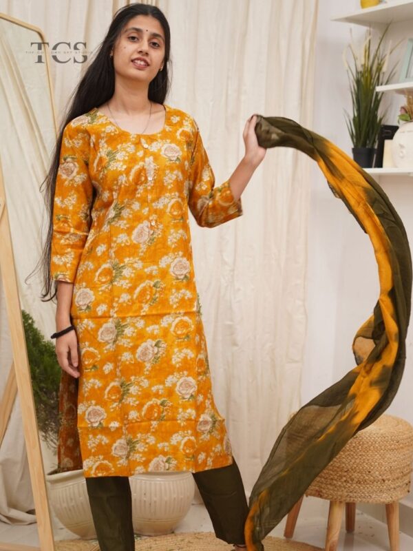 Mustard Bloom Cotton Kurti Set with shibori duppata