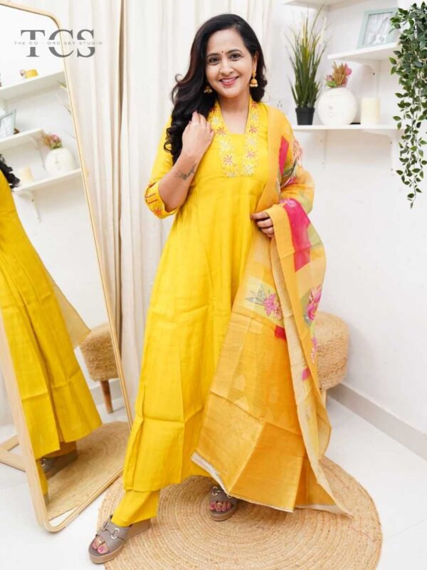 Sunlit Yellow Blossom Rayon Embroidered 3-Piece Set