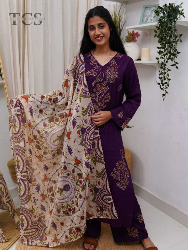 Royal Purple Orchid Rayon Embroidered 3-Piece Set