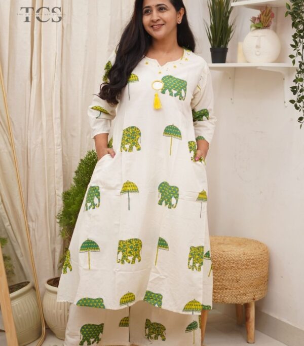 Ivory Elephant Green Delight Cotton Kurti Set