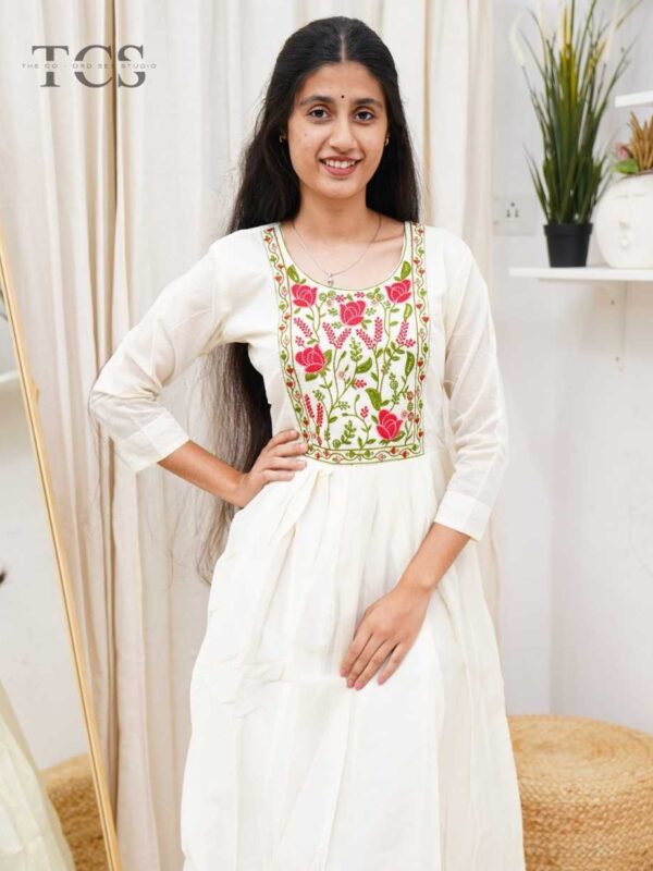 Ivory Blossom Chanderi Embroidered Frock