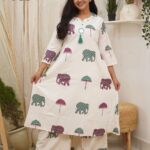 Blush Meadows Pastel Pink Elephant Cotton Kurti Set