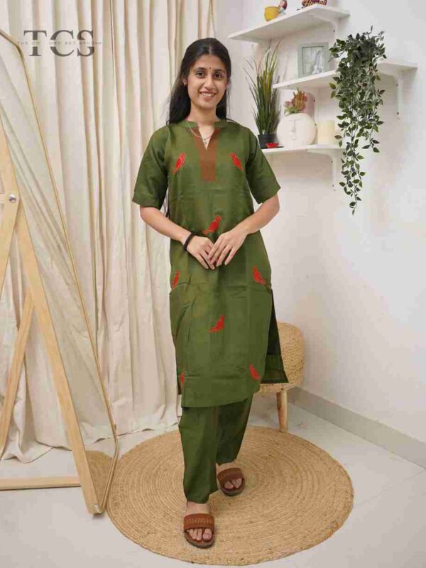 Olive Green Parrot Embroidered Cotton kurti Set