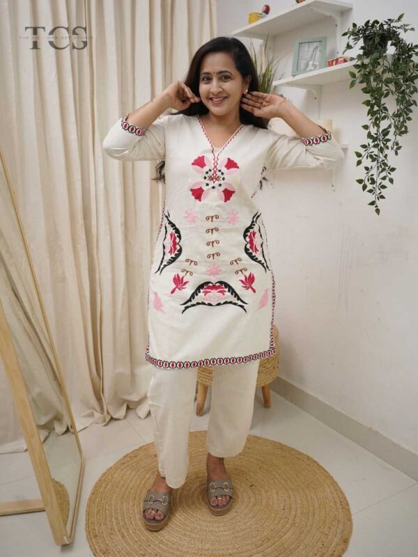 Ivory Blossom Embroidered Cotton Kurta Set